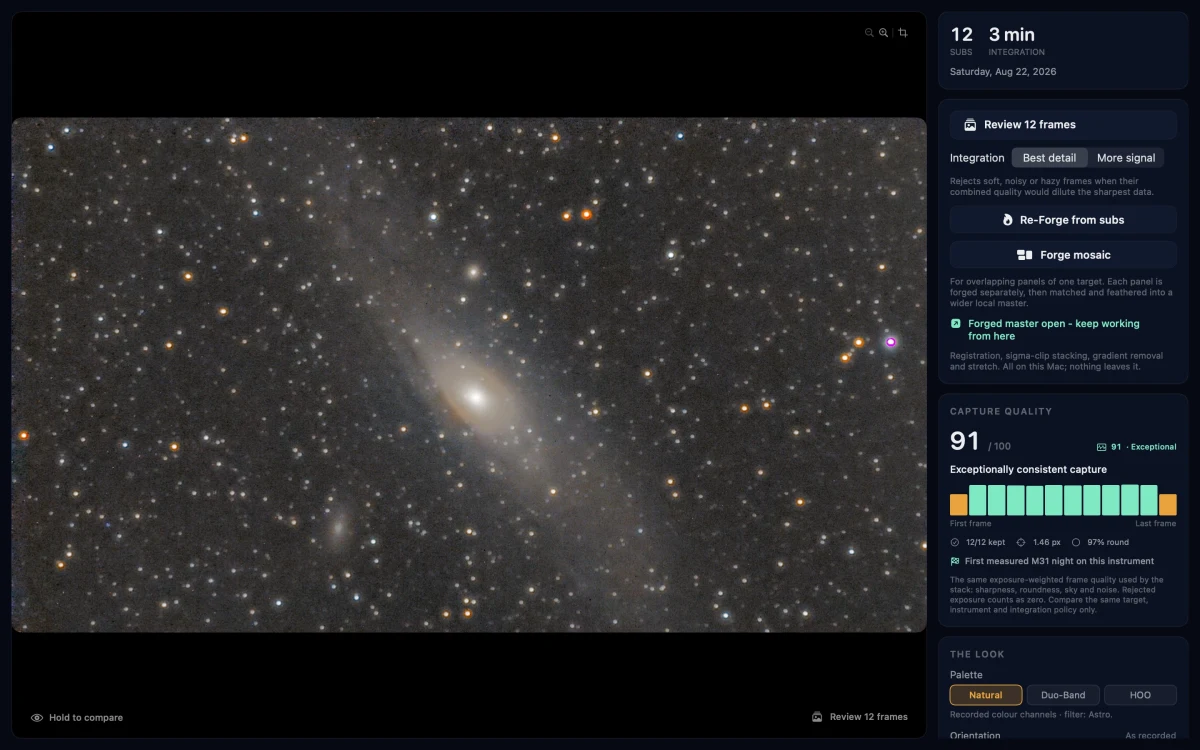 Earendel on Mac displaying a real Andromeda Galaxy capture alongside its frame ledger and image controls.